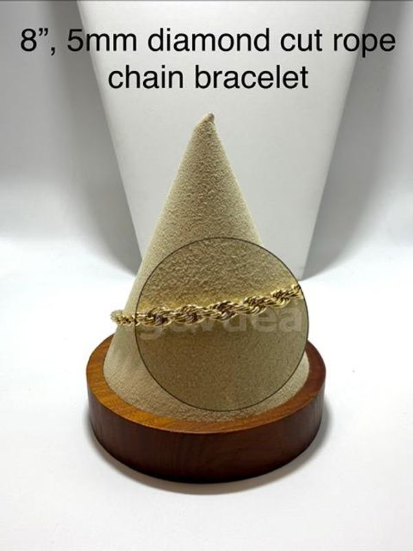 Beautiful, 8 Inch, 5MM Diamond Cut Rope Chain Bracelet, Real 24k Gold Filled