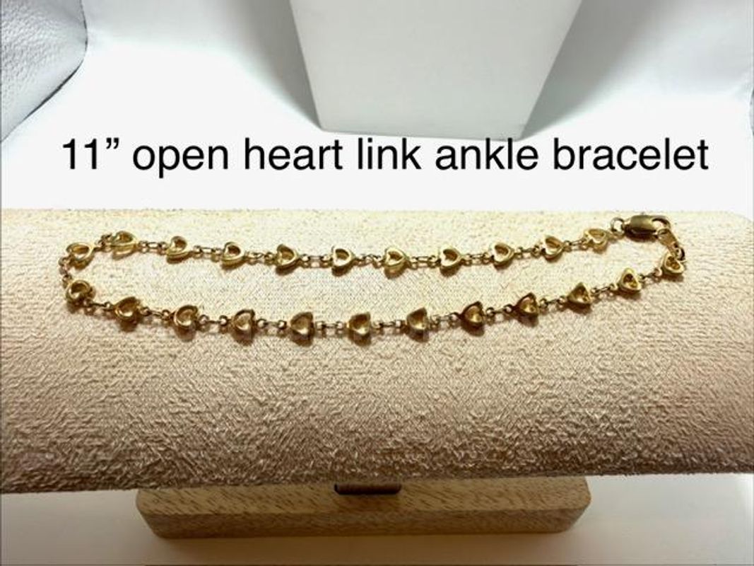 Beautiful, Ladies, 11“ Open Heart Link Ankle Bracelet, Real 24k Gold Filled