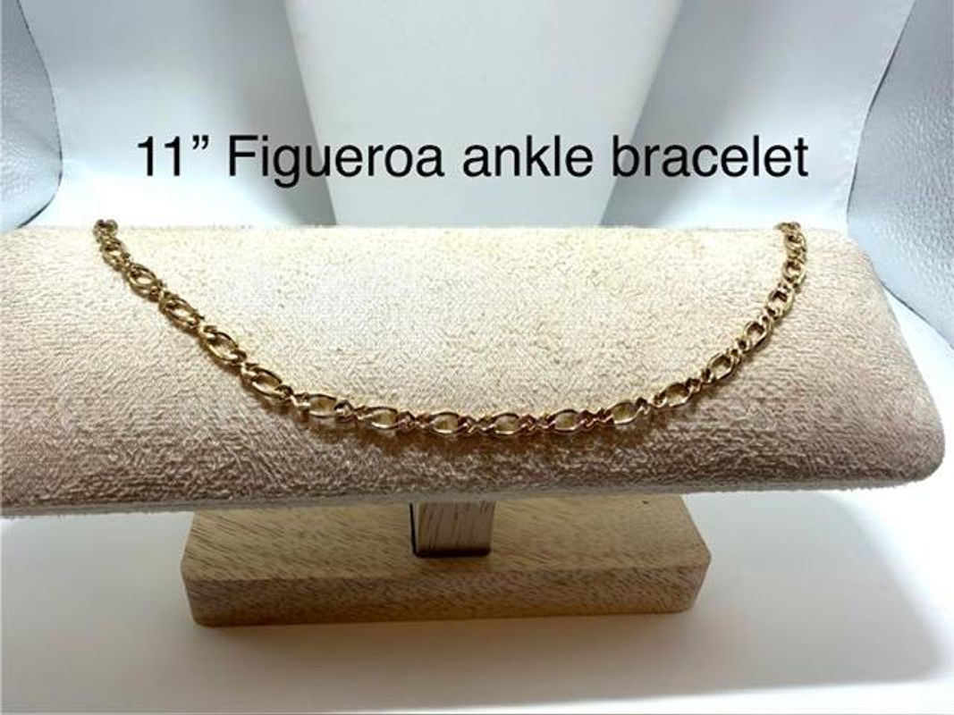 Ladies, 11 Inch, Figaro Chain Ankle Bracelet, 24k Real Gold Filled