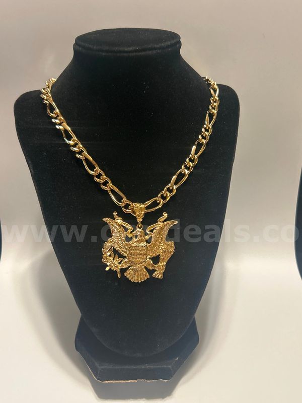 20” Figaro Necklace W/ XL Patriotic Pendant. 24K Real Gold Plated