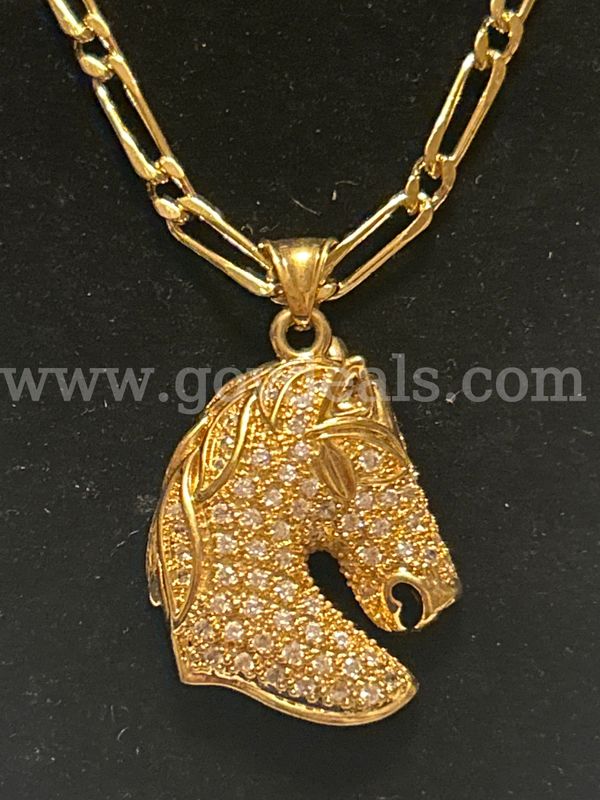 24k Gold, 30” Paper Clip Necklace W/ CZ Horse Head Pendant. Read⬇️