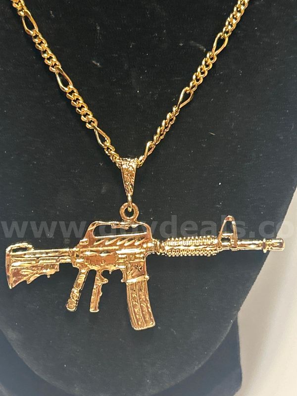 18” Small Figaro Chain Necklace W/ Large Assault Rifle Pendant, 24K Real Gold Plated