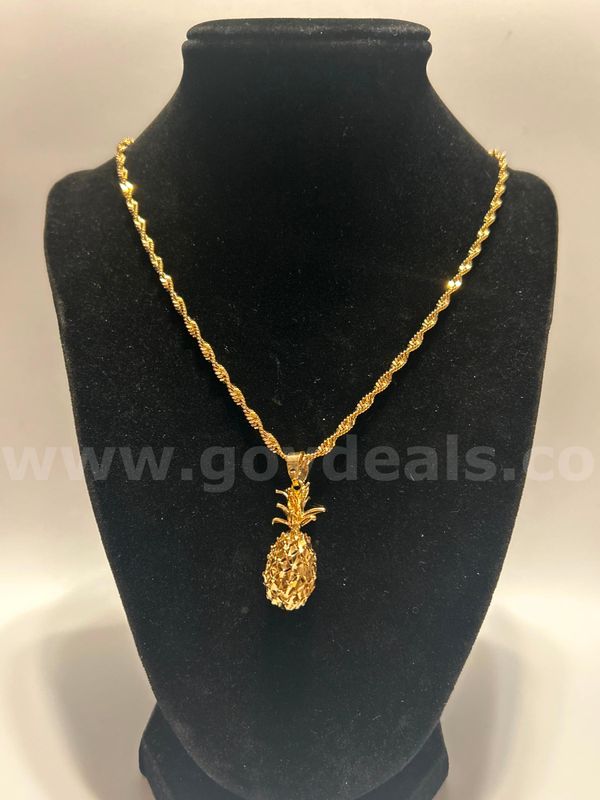 24”, Whisper Necklace W/ Textured Pineapple Pendant. 24K Real Gold Plated