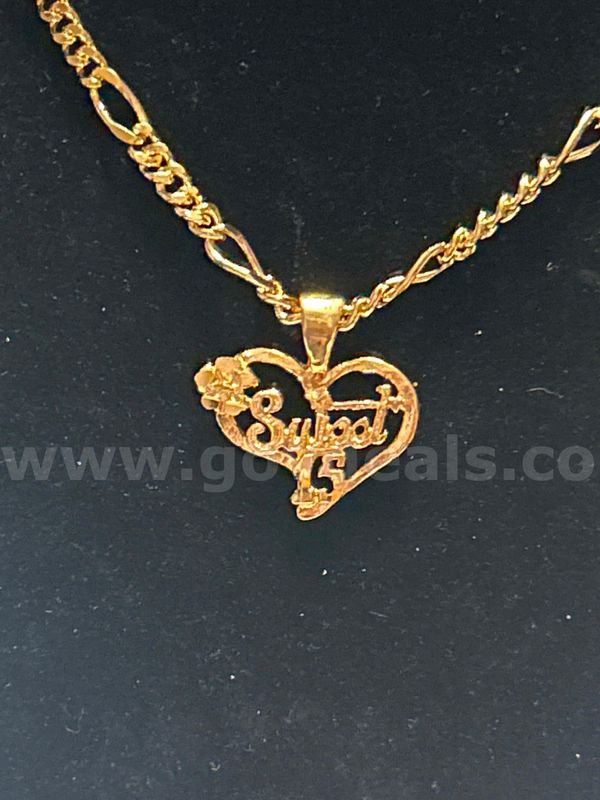 16” Small Figaro Chain Necklace W/ Heart/Flower Sweet 15 Pendant, 24K Real Gold Filled.