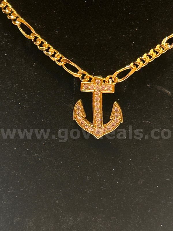 18”, Small Figaro Chain Necklace W/ CZ Anchor Pendant 24K Real Gold Plated