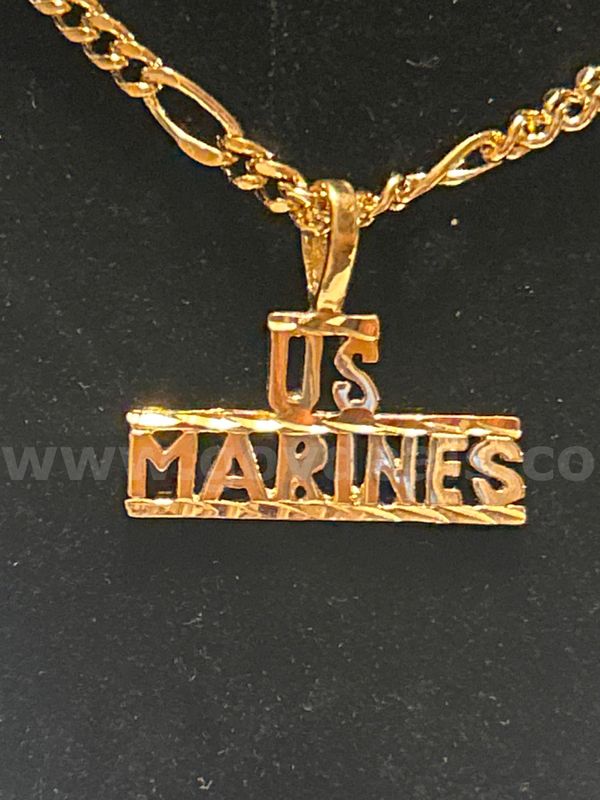 20”, Small Figaro Chain Necklace W/ “US Marine Pendant, 24K Real Gold Filled.