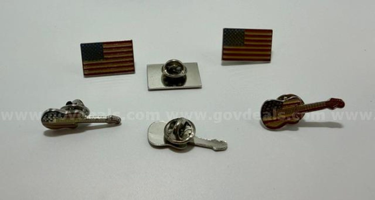 Set of (6), USA Flag/Guitar Enamel Pins/Tie Tac. Real 24k Gold Plated