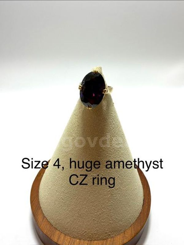 Beautiful, Ladies, Size 4, Large Amethyst, Real 24k Gold Filled, CZ Ring