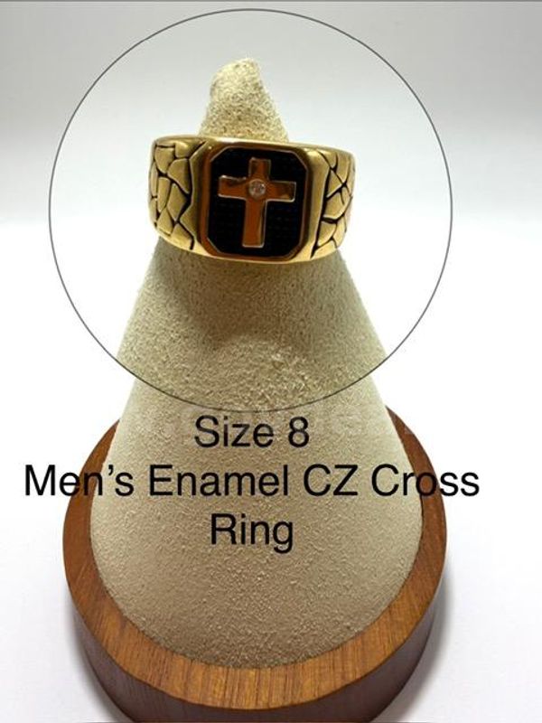 Beautiful, Men's, Size 8, CZ Cross Enamel Ring, 24k Real Gold Filled