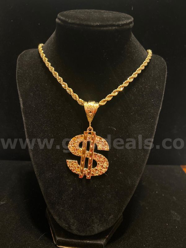 5mm, 30 Inch , French Rope Chain, W/ ,”$” Pendant , 24k Real Gold Plated FREE SHIPPING WITH BUY NOW!!