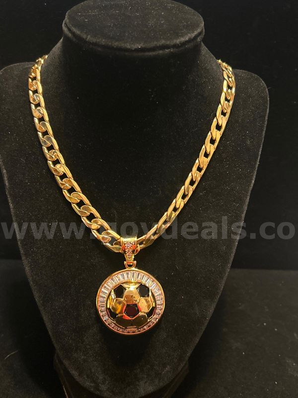 27' Large Flat Curb Link Chain, W/ Large, CZ Soccer Ball Pendant. 24k Real Gold Plated. FREE SHIPPING WITH BUY NOW!!