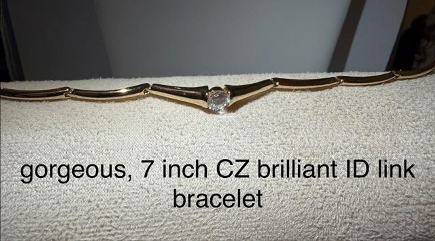 Gorgeous, 7 Inch, CZ Brilliant Solitaire ID Link Bracelet, 24k Real Gold Filled