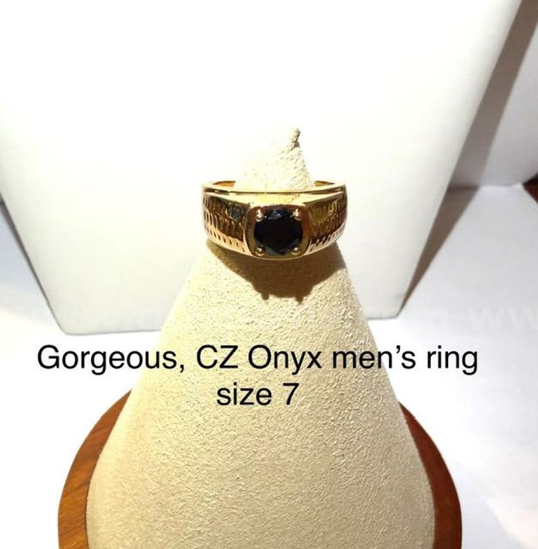 Gorgeous, Men's, Size 7, CZ Onyx Ring, 24k Real Gold Plated