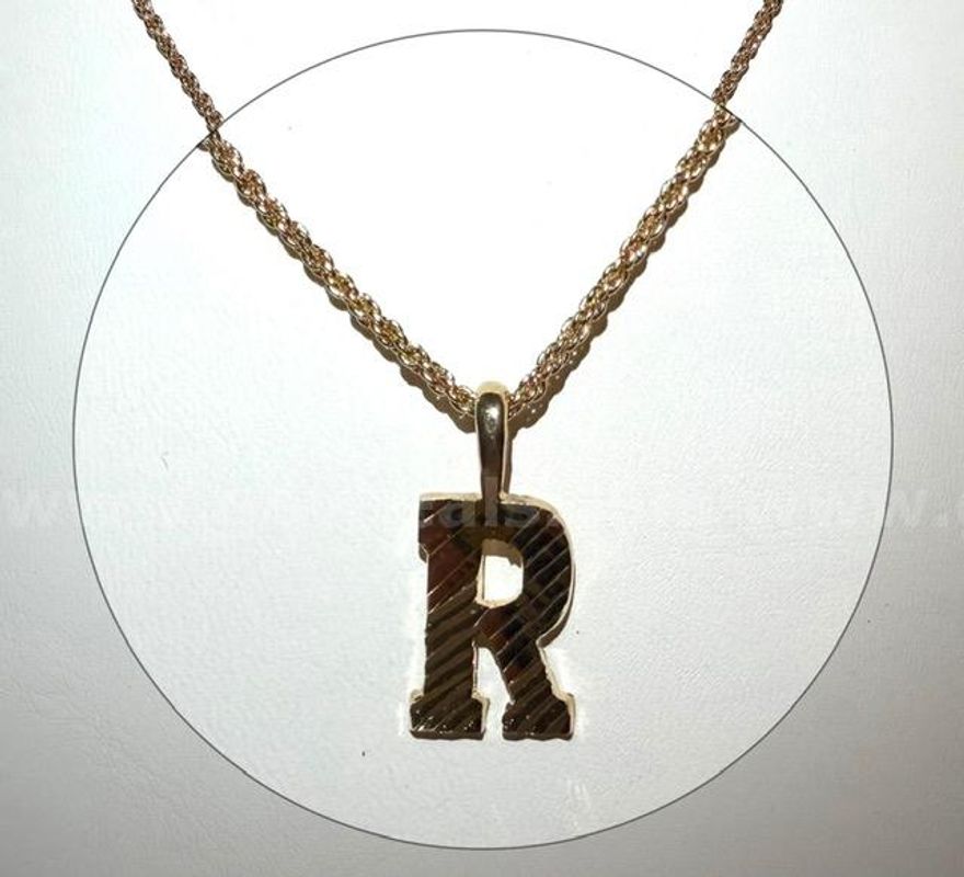Gorgeous, 1MM, 22", Diamond Cut Rope Chain Necklace, W/"R" Initial Pendant, 24k Real Gold Filled