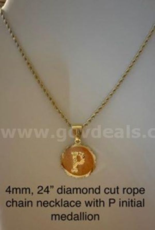Gorgeous, 24", 4MM, Diamond Cut Rope Chain Necklace, W/"P" Initial Medallion Pendant, 24k Real Gold Filled