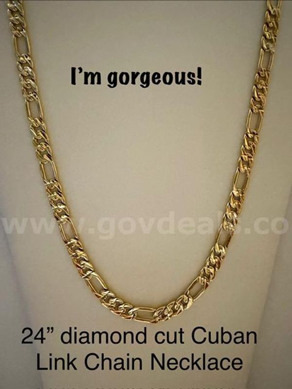 Gorgeous, 24 Inch, Diamond Cut Italian Figaro, Chain Necklace, 24k Real Gold Filled