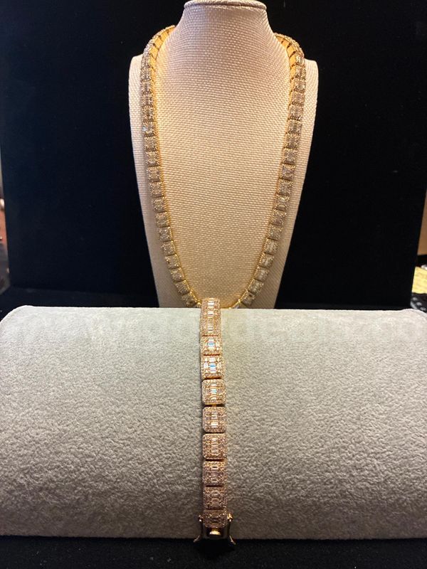 Set! 22 Inch and 8 Inch, Heavy, CZ Square Box Link Necklace and Bracelet, 6.1 oz, 24K Gold Filled