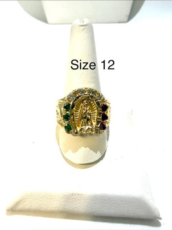 Gorgeous, Size 12, CZ, Ruby, and Emerald Lady of Guadalupe Men’s Ring, 24k Real Gold Filled