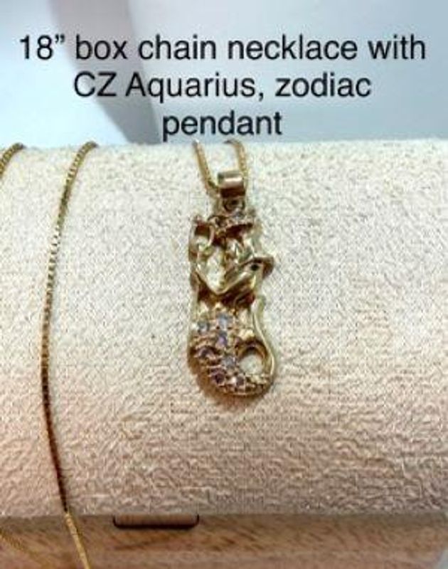 Beautiful, 18 Inch Box Chain Necklace, W/CZ Aquarius Zodiac Pendant, Real 24k Gold Filled