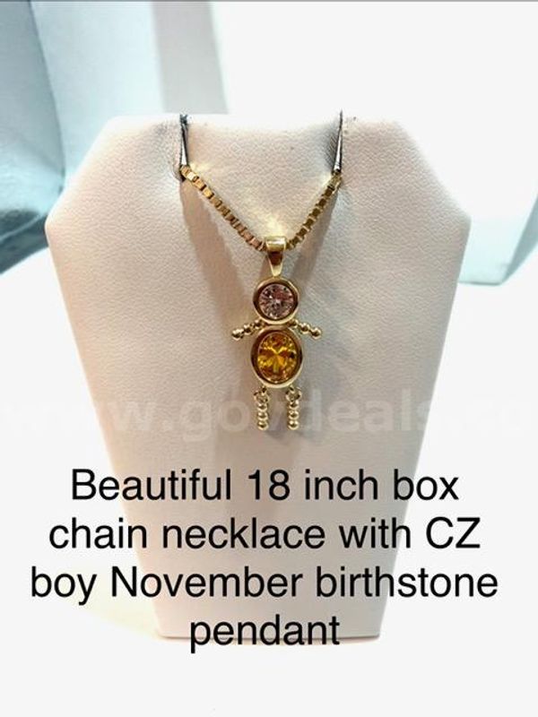 18 Inch, Box Chain Necklace, W/November, CZ Boy, Birthstone Pendant, Real 24k Gold Filled