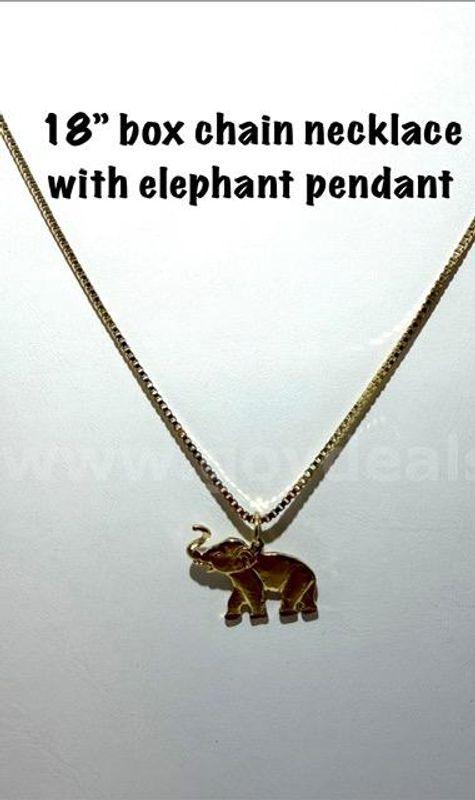 Beautiful, 18 Inch, Box Chain Necklace, W/Elephant Pendant, Real 24k Gold Filled