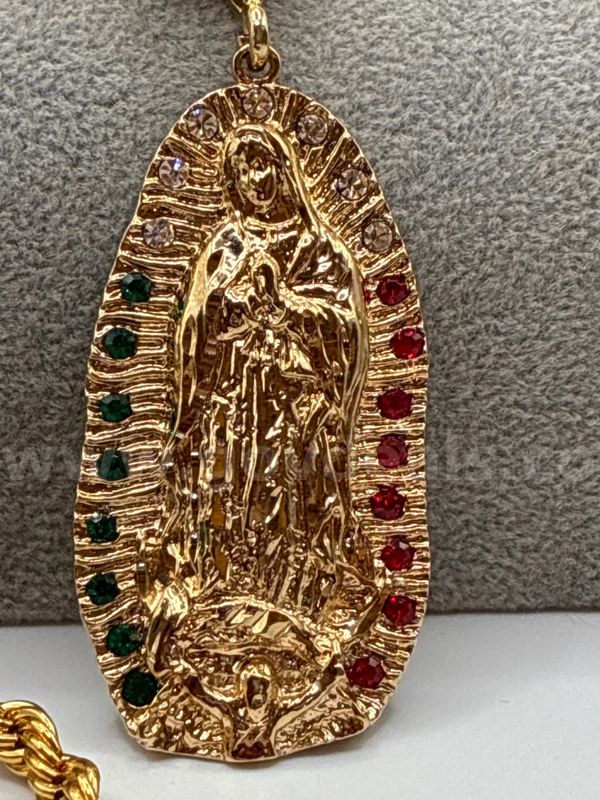 6mm, 30 Inch , French Rope Chain, W/ Cz Tricolor Lady of Guadalupe Pendant. 24K Gold Filled