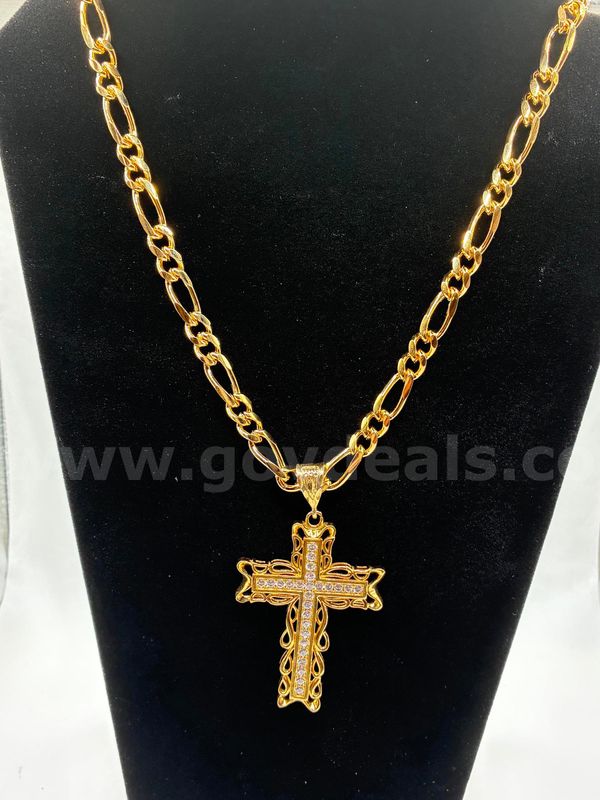 20” Figaro Necklace W/ Large CZ Cross Pendant, 24K Gold Filled