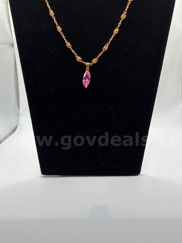 20” Byzantine Necklace W/ Pink CZ Marquise Pendant, 24K Gold Filled