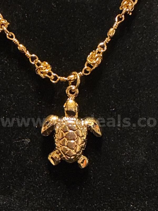 22” Knot Station Necklace W/ Sea Turtle Pendant, Real 24K Gold Filled.