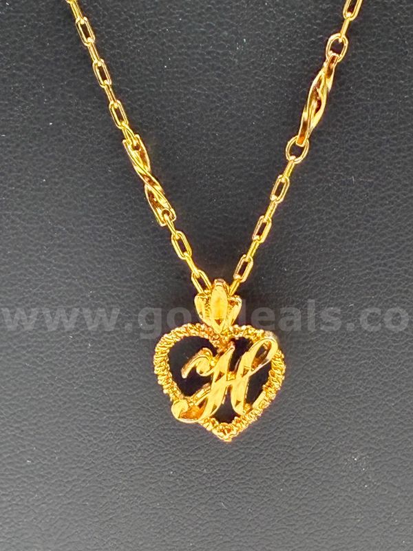 22” Rolo Necklace W/ “H” Heart Pendant, 24K Gold Filled.