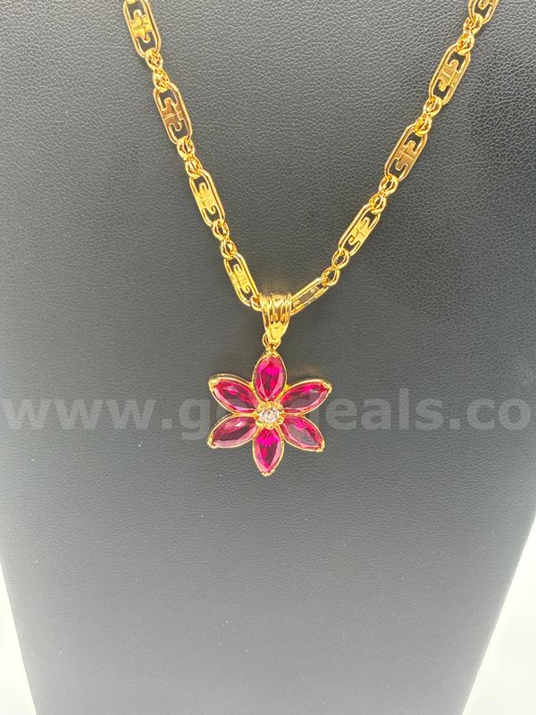 Beautiful, Ruby Blossom Marquise Flower Pendant on an 18” Mariner Link Chain, 24K Real Gold Filled.