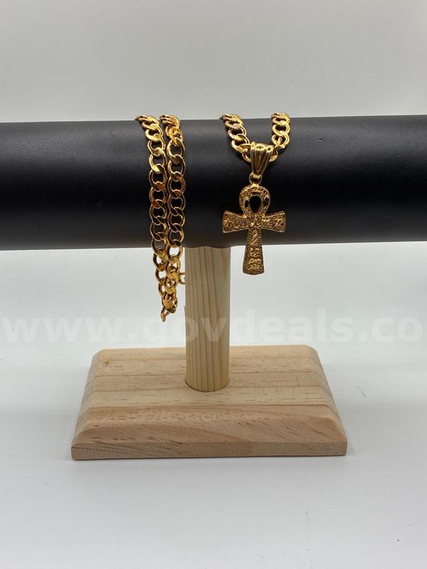 Stunning, 24”, Flat Curb Link Chain W/ Egyptian Ankh Cross, 24K Gold Filled.