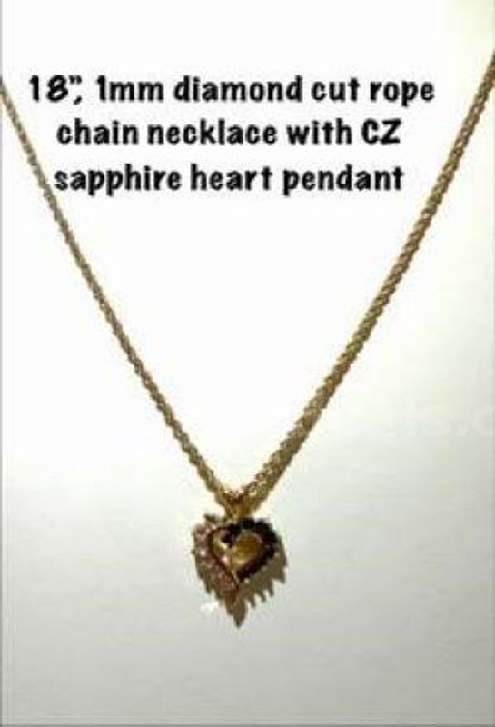 1MM, 18 inch, Real 24k Gold Filled, Diamond Cut Rope Chain, W/CZ Sapphire Heart Pendant