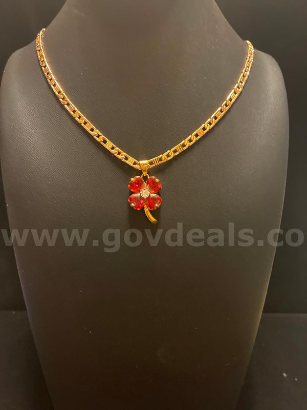 Elegant, 18”, Roman Link Necklace W/January Birthstone CS Four-Leaf Clover Pendant, 24K Real Gold Filled.