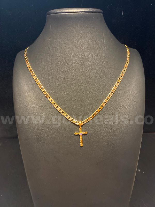 Elegant, 22” Roman Link Necklace W/October Birthstone CZ Cross Pendant, 24K Real Gold Filled.