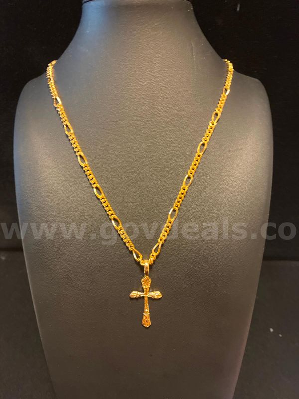Elegant, Classic Figaro Cross Necklace, 24K Real Gold Filled.