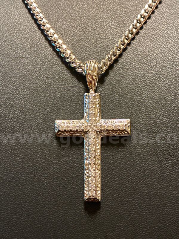 Gorgeous, Rhodium Clad (Silver) 23” Cuban Link Necklace W Iced Out CZ Cross Pendant.