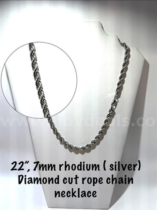 22 Inch, 7MM, Rhodium Clad (Silver), Diamond Cut Rope Chain Necklace