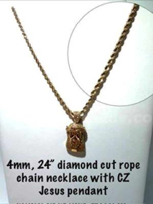 Beautiful, 4MM, 24 Inch, 24k Gold Filled, Diamond Cut Rope Chain Necklace, W/CZ Jesus Pendant