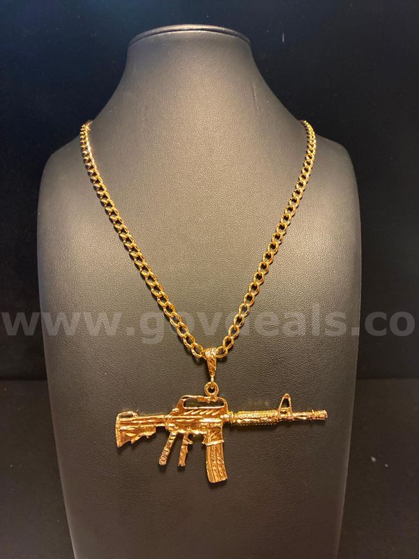 Gorgeous, 24k Gold Filled, 25” Small Curb Link Necklace W/ Rifle Pendant . USE BUY NOW FREE SHIP!!