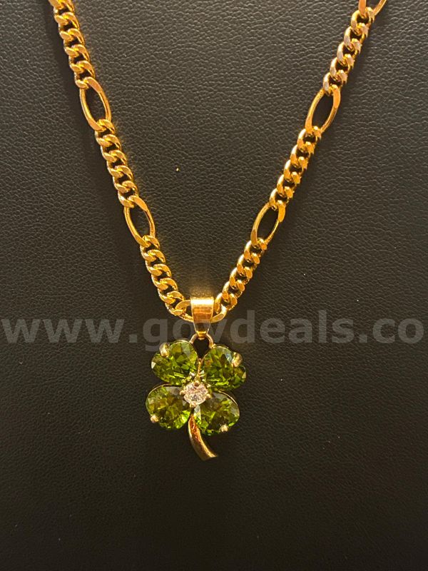 Elegant, 18” Figaro Necklace W/ August Birthstone CZ Four-Leaf Clover Pendant, 24K Real Gold Filled.