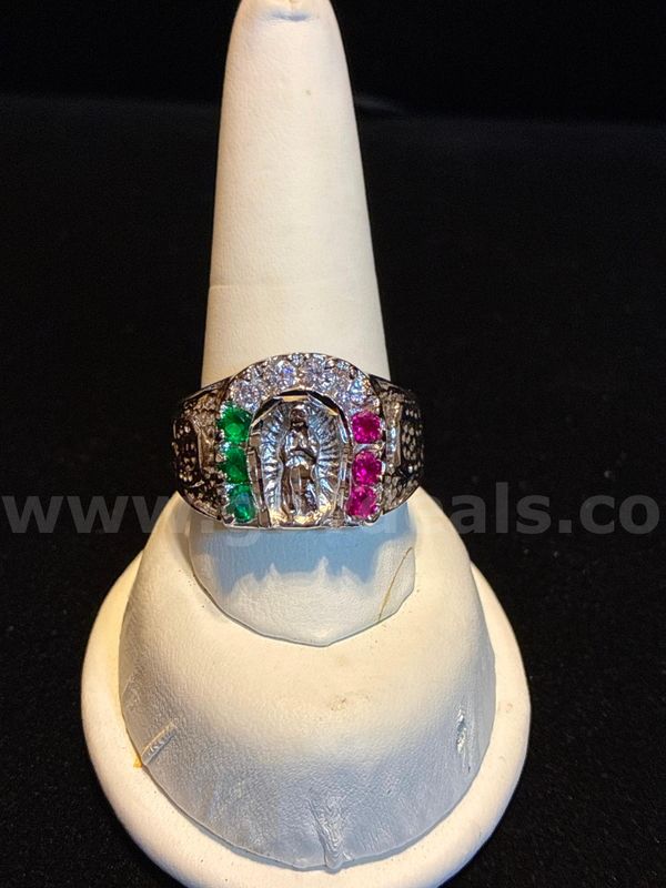 Gorgeous, Men’s, Size 12.5 Rhodium Clad (Silver), Ruby and Emerald CZ, Lady of Guadalupe Ring.