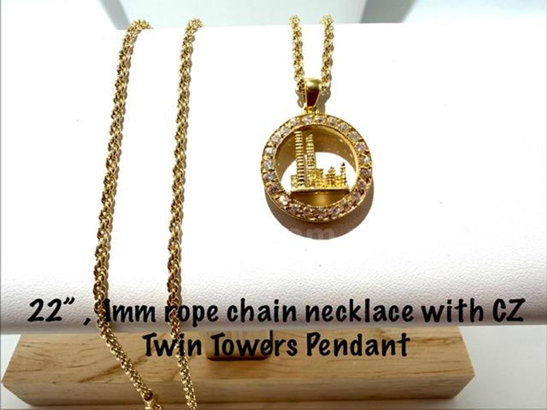 Gorgeous, Unforgettable, CZ Twin Towers Pendant on a 1MM, 22", 24k Gold Filled Rope Chain