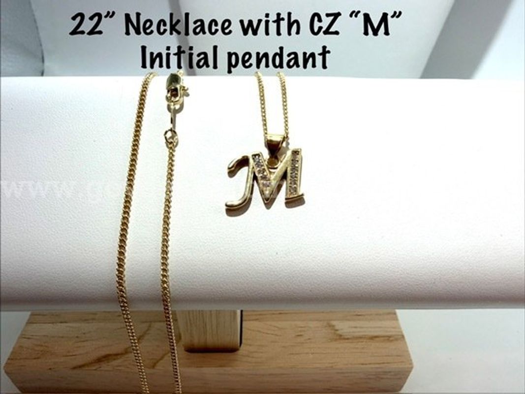 Stunning, 24k Gold Filled, CZ “M” Initial Pendant on a 22" Cuban Link Necklace