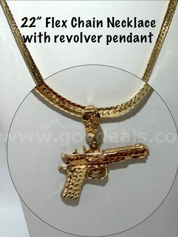 Beautiful, 22 Inch, 24k Gold Filled, Flex Chain Necklace W/9MM Handgun Pendant