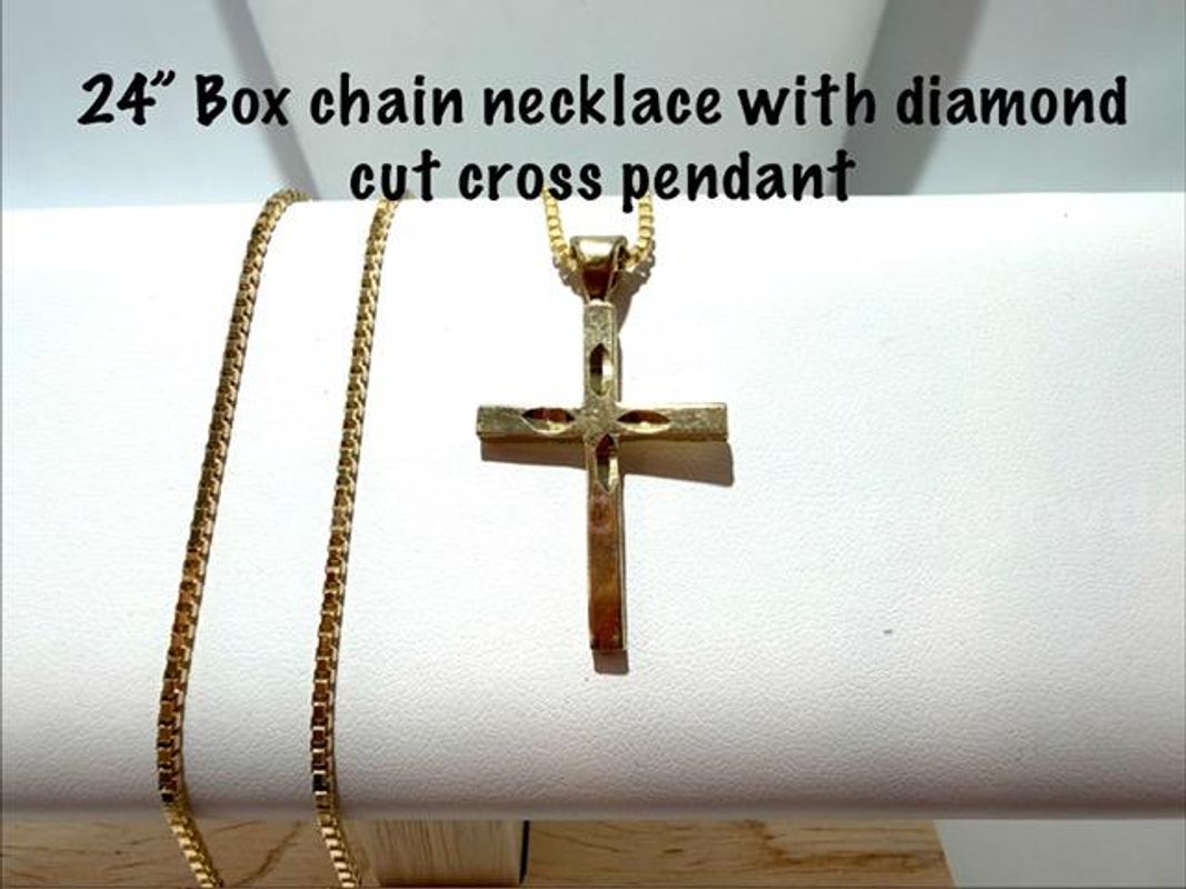 Adorable, 24k Gold Filled Cross Pendant, on 24 Inch, Box Chain Necklace