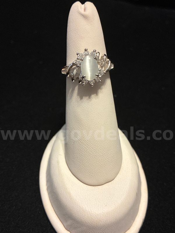 Gorgeous, Rhodium Clad (Silver) Size 6, White Cat’s Eye CZ Halo Cocktail Ring.