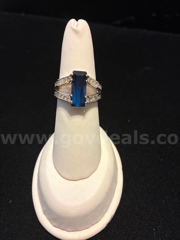 Ladies, Size 8, 24k Gold Filled, Emerald-Cut CZ Sapphire Split-Shank Statement Ring.