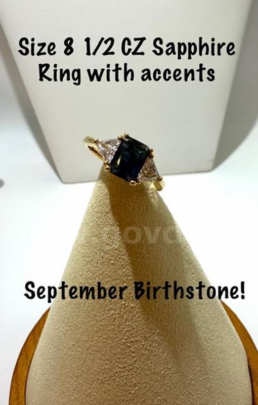 Gorgeous, Ladies, Size 8 1/2, 24k Gold Filled, CZ Sapphire (Sept) Ring W/Accents