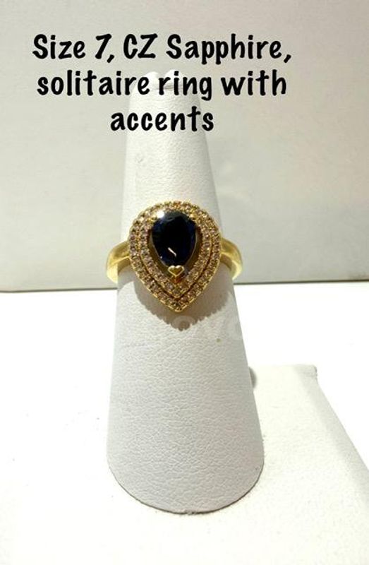 Stunning, Ladies, 24k Gold Filled, Size 7, CZ Sapphire Solitaire, W/ CZ Diamond Accents